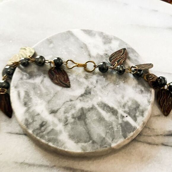 Vintage Copper Dangle Leaf Necklace Handpainted Flames Beaded Chain Unsigned - Picture 4 of 8